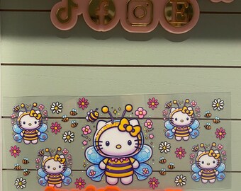 Cute white cat bee suit/ kitten and bees | uvdtf 16oz uvdtf cup wrap ready to press | white cat flower wrap |   bees, cat wrap