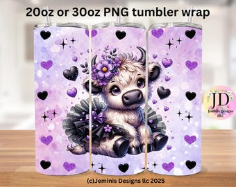 Purple Ballerina cow PNG file design for tumbler sublimation. Purple ballerina highland cow fits 20 or 30 oz tumblers.  PNG Digital file