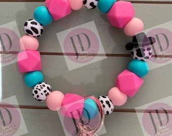 Made to order  Beaded Bangle Cowboy hat teal & pink cow print Keychain/beaded Bangle for her/teal and pink cowboy wristlet/bangle