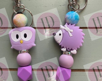 Ready to Ship Adorable owl or hedgehog beaded Keychain/beaded mini Keychain & owl or hedgehog dangle keychain
