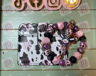 Aztec cow beaded wristlet and Keychain BAR/beaded mini Keychain BAR & wristlet and wallet /aztec cow dangle Keychain bar and wristlet combo