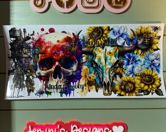 UV DTF 16 oz Glass can Ready to press|  Sorta scary sorta sweet skull | uvdtf wrap | Permanent decal | No heat needed | Waterproof