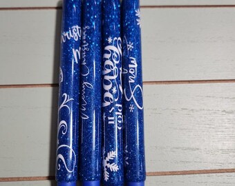 Set of 4 blue glitter with white decals.  Let it snow/Baby its cold outside/merry Christmas-trees/Merry Christmas snowman
