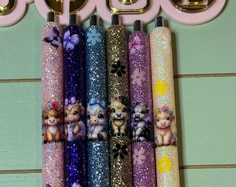 Ballerina cow glitter pen, vibrant glitter pen with lots of sparkle. Floral glitter pen, Daisy floral pen/. Cow floral pen