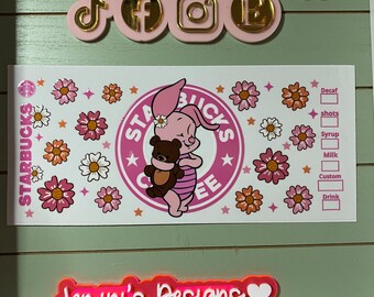 Cute pig uvdtf tumbler wrap 16oz or 20oz uvdtf cup wrap ready to press | pink pig uvdtf cup wrap