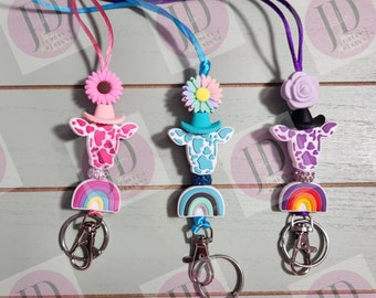 Silicone cowboy hat and cowhead lanyards/Custom Bead lanyards//Bead cowhead & Rainbow lanyard/bead badge holder /bead cowhead Keychain