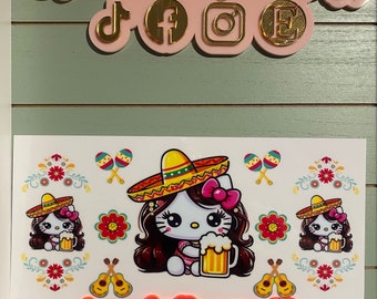 Sombrero white cat/ kitty w/ beer/maracas | uvdtf 16oz uvdtf cup wrap ready to press | white cat guitar, sombrero wrap