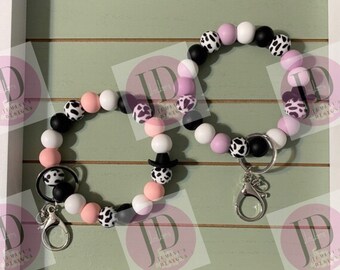Ready to Ship Beaded Bangle Cowboy hat lavender or pink cow print Keychain/beaded Bangle for her/pink or lavender cowboy wristlet