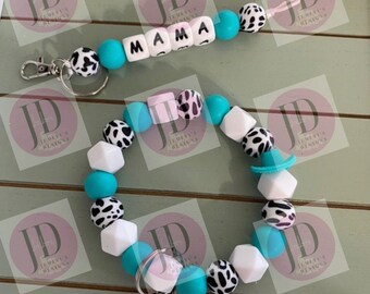 Ready to Ship Beaded Bangle teal cow  print Keychain/ mama Keychain or both /beaded Bangle for her/teal wristlet/bangle pair