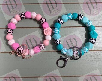 Ready to Ship Beaded Bangle Cow & rose teal or pink cow print Keychain/beaded Bangle for her/pink or teal cow and rose wristlet