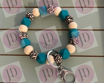 Ready to Ship Beaded Bangle leopard teal print Keychain/beaded Bangle for her/teal wristlet/bangle teal bracelet w leopard beads
