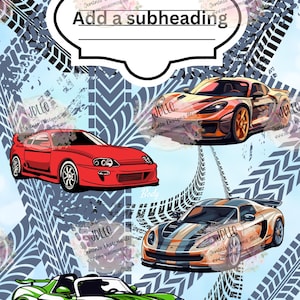 May include: Composition book with a racing theme. The cover features four colorful sports cars, tire tracks, and the text "COMPOSITION BOOK" and "Add a subheading" in a white oval. The background is a light blue.