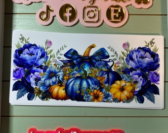 UV DTF 16 oz Glass can Ready to press|  Blue fall pumpkin    | uvdtf wrap | Permanent decal | No heat needed | Waterproof