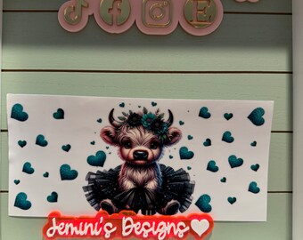 UV DTF  Ready to Apply| Highland Ballerina tutu turq-green/ black hearts uvdtf wrap | Permanent decal | No heat needed | Waterproof material