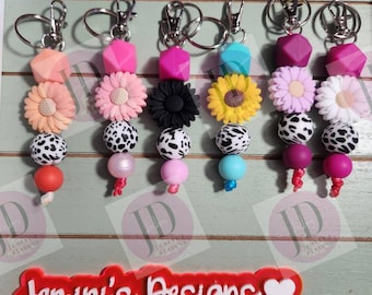 Ready to Ship Adorable Sunflower and cow beaded Keychain/beaded mini Keychain & Sunflower/cow dangle Keychain