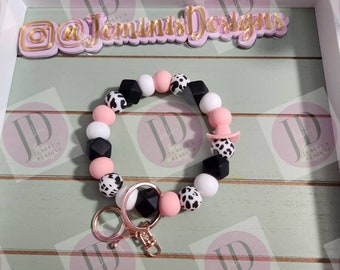 Beaded Bangle Cowboy hat pink & black cow print Keychain/beaded Bangle for her/pink and black cowboy wristlet/bangle cow wristlet bracelet