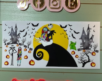 UV DTF 16 oz Glass can Ready to press|  Halloween  nightmare jack and sally  | uvdtf wrap | Permanent decal | No heat needed | Waterproof