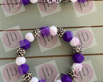 Ready to Ship Beaded Bangle purple  leopard print Keychain/ RN Keychain or both /beaded Bangle for her/purple wristlet/bangle Keychain