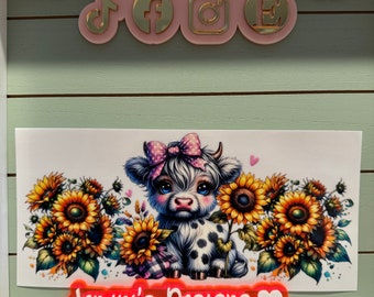 UV DTF Ready to Apply| Highland baby cow & sunflower uvdtf wrap | Permanent decal | No heat needed | Waterproof material