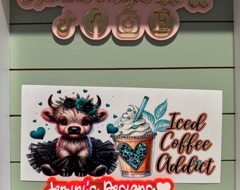 UV DTF Ready to Apply| iced coffee addict ballerina cow uvdtf wrap/ turquoise and leopard | Permanent decal | No heat needed | Waterproof