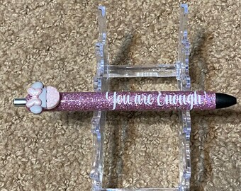 Mouse Glitter Pens, You are Enough! Glitter Gel Pens, Pink, Head and bow button, Custom Glitter Pen