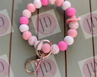 Ready to Ship Beaded Bangle Cowboy hat pink cow print Keychain/beaded Bangle for her/pink  cowboy wristlet/bangle wristlet bracelet
