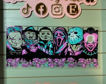 UV DTF 16 or 20  oz Glass can Ready to press|  Halloween horror crew| uvdtf wrap | Permanent decal | No heat needed | Waterproof