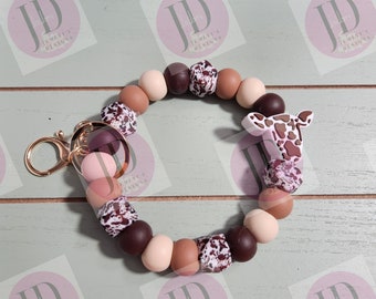 Beaded Bangle Cowhead brown Keychain/beaded Bangle for her/brown cowhead wristlet Bangle bracelet