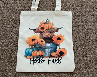 Canvas tote bag/ custom Pumpkin and Highland cow in tub bag/Reusable shopping bag/Vibrant Fall canvas bag/Fall tote/Cow tote