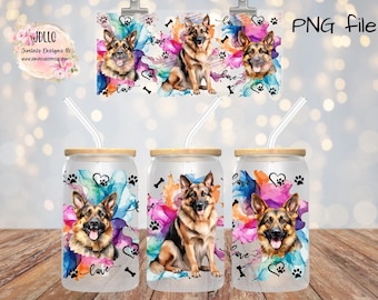 German Shepherd PNG file design for 16 oz tumbler sublimation.  File can be sized, Will fit 16oz or 20 0z glass sublimation tumblers.