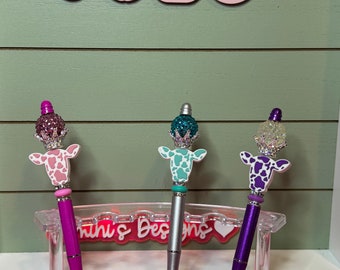 Cow, crown beaded twist pen, pink,  purple or turquoise .  cow silicone bead twist pen pink, purple or turquoise.  Crown and bubblegum bead