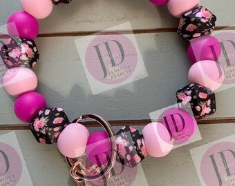 Ready to Ship Beaded Bangle floral black & pink print Keychain/beaded Bangle for her/pink floral wristlet/bangle black and pink bracelet