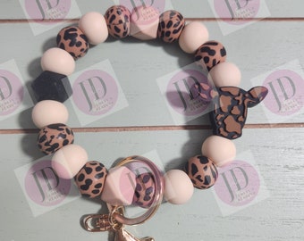 Beaded Bangle Cow head brown Keychain/beaded Bangle for her/brown cow print and cream wristlet Bangle bracelet.  Black and brown cowhead Key