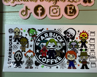 UV DTF 16 or 20  oz Glass can Ready to press|  Halloween horror crew coffee | uvdtf wrap | Permanent decal | No heat needed | Waterproof