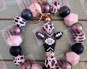 Aztec cow beaded wristlet and Keychain BAR/beaded mini Keychain BAR & wristlet/aztec cow dangle Keychain bar and wristlet combo