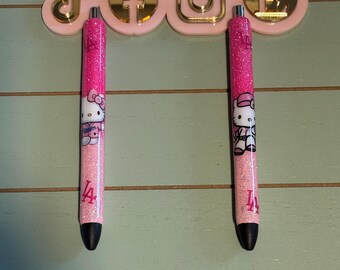 Kitty baseball glitter pen/ glitter cat pen/ white cat glitter pen/ baseball glitter pen/LA glitter pen/ pink 2 tone glitter pen
