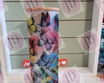 Frosted 25oz glass tumbler/Sublimated butterfly glass drink cup/ Vibrant colors/ bamboo lid