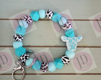Ready to Ship Beaded Bangle Cow/ teal cow print Keychain/beaded Bangle for her/teal cow wristlet/bangle teal bracelet