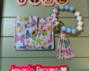 Stretchy/Elastic Beaded butterfly pattern pink blue heart Keychain wallet /beaded Stretchy Bangle for her wristlet/bangle wallet keychain