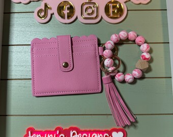 Stretchy/Elastic Beaded Cow pattern pink marble Keychain wallet /beaded Stretchy Bangle for her wristlet/bangle wallet keychain