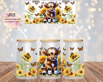 Highland cow 16oz cup wrap PNG/ digital file / butterfly and sunflower sublimation/ png cup wrap/transparent png file for glass cans