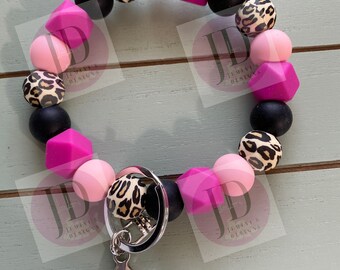 Ready to Ship Beaded Bangle pink leopard /Keychain/beaded Bangle for her/pink Keychain/beaded pink leopard bangle bracelet wristlet