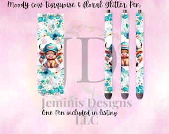 Moody girl highland cow pen wrap Glitter pen, pen wrap with Lots of vibrant colors sparkle.   Gorgeous glitter pen/ floral highland pen