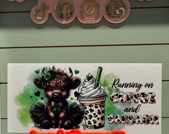 UV DTF Ready to Apply| coffee and sarcasm ballerina cow uvdtf wrap/ green & black | Permanent decal | No heat needed | Waterproof