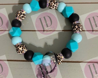 Ready to Ship Beaded Bangle black/teal leopard /Keychain/beaded Bangle for her/teal/black Keychain/beaded leopard bangle bracelet wristlet