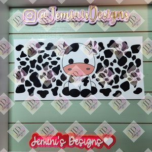 UV DTF 16 oz Glass can Ready to Apply| Adorable cow | uvdtf wrap | Permanent decal | No heat needed | Waterproof material