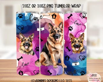 German Shepherd PNG file design for 20oz or 30oz tumbler sublimation.  File can be sized, Sublimation design. GSD tumbler PNG/
