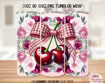 Coquette red cherry floral PNG file design for tumbler sublimation. Bold cherries and flowers/ fits 20 or 30 oz tumblers.  PNG Digital file