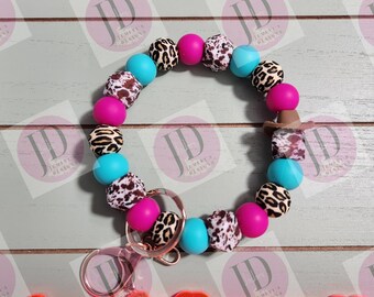 Beaded Bangle Cowboy hat turquoise & pink cow and leopard print Keychain/beaded Bangle for her/turquoise and pink cowboy wristlet/bangle