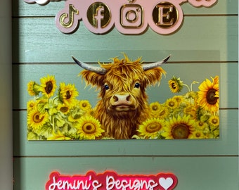 UV DTF 16 oz Glass can Ready to Apply| Highland cow & sunflower uvdtf wrap | Permanent decal | No heat needed | Waterproof material